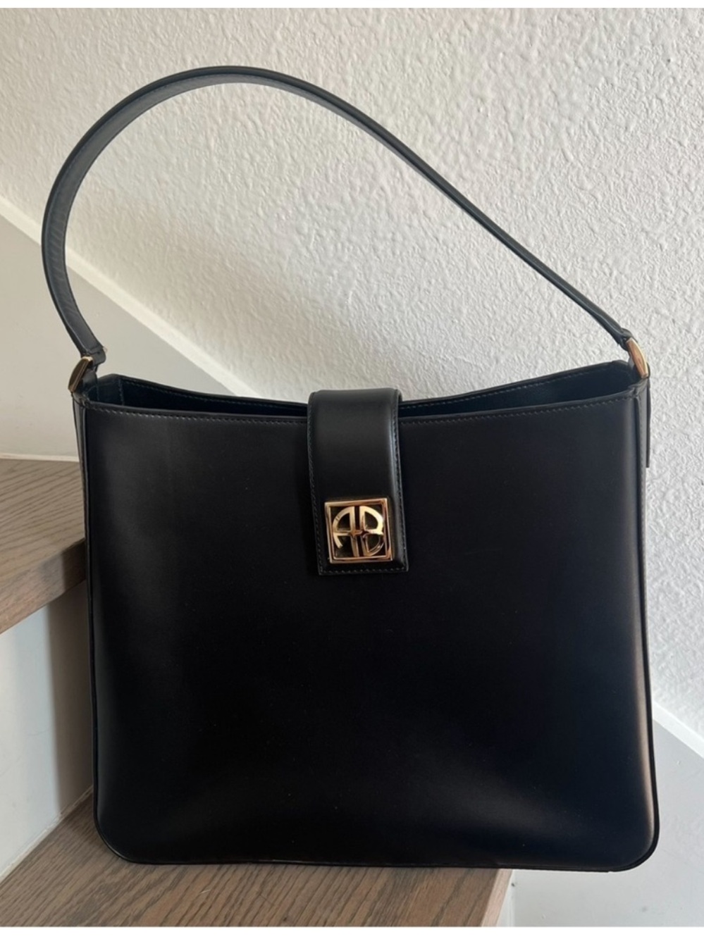 Anine Bing Large Lou Shoulder Bag in Black with Gold Hardware